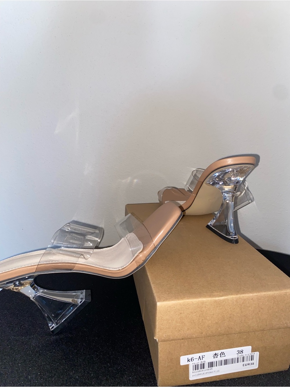 PRINCESS Clear Strap Tan Mule Heels